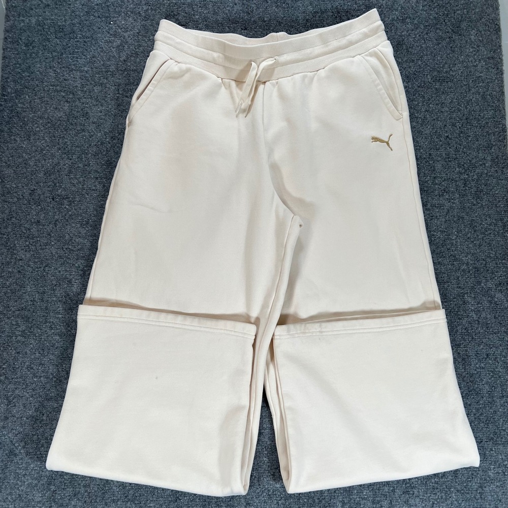 Puma Womens Wide Leg Sweatpants Cream Fleece Lined Gold Logo Size Large